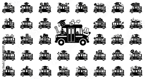 School bus transport vector black white illustration education academic study graduation caps books icons concept students journey collection isolated