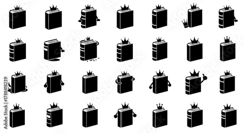 Book crown character set vector black white illustration education knowledge reading literature success king queen concept academic achievement learning
