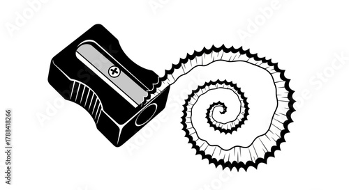 Black and white image of a pencil sharpener creating a long spiral of pencil shavings on a clean background