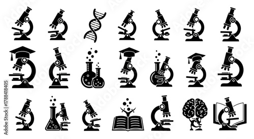 Extensive collection of scientific microscopes, DNA strands, and laboratory glassware in black and white icons