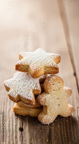 Traditional buttery shortbread cookies cut into festive shapes dusted with sugar for a holiday dessert display on a rustic wooden table, biscuit, shortbread, recipe