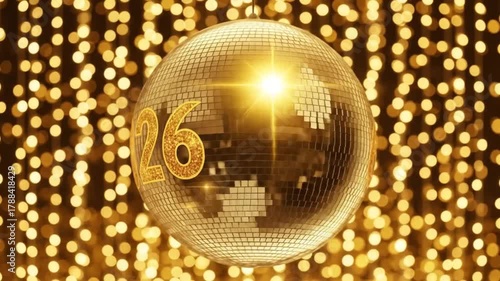 Happy new year beautiful 2026 golden disco ball with bokeh lights close up zoom in