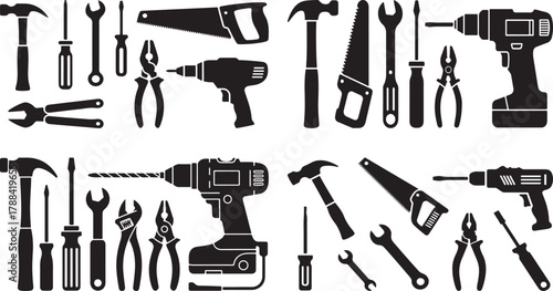 Hand and Power Tools Glyph Icons Set: Hammer, Drill, Saw, Wrench, Screwdriver, and Pliers Silhouettes