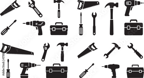 Large Construction Tools Glyph Icons Set: Hammer, Saw, Drill, Wrench, Screwdriver, and Toolbox Silhouettes
