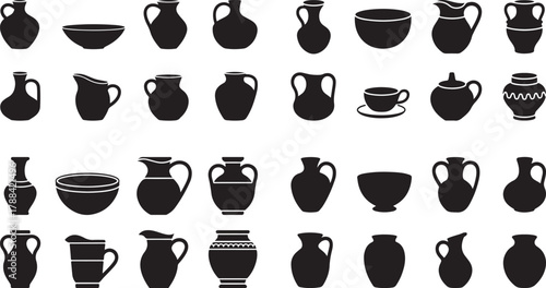 Massive Ceramic Pottery and Clay Vessels Silhouette Vector Set: Vase, Bowl, Cup, Mug, Jug, and Jar Shapes