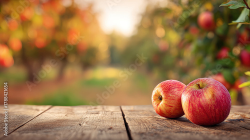 Fresh apple on wooden table, rustic wood surface, autumn orchard bokeh, natural light, vibrant red, ripe fruit, harvest mood