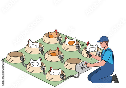 A farmer monitors automated chicken nests with an IoT device. The setup showcases smart agriculture technology and efficient farm management. Clear, bright illustration.