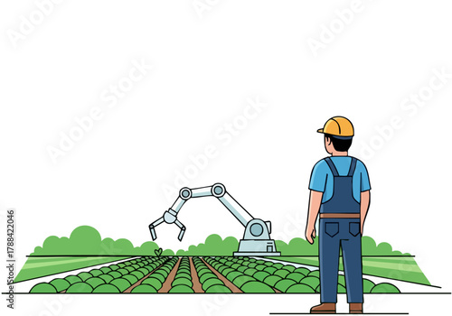 A farmer oversees a robotic harvest in a field. Modern agriculture, automation, and technology combine for a productive scene. Clean lines and a bright color palette.