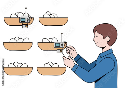 A young man adjusts eggs in bowls using a digital scale. A clear, modern illustration showcases precision and food preparation. Clean lines and a minimalist style.