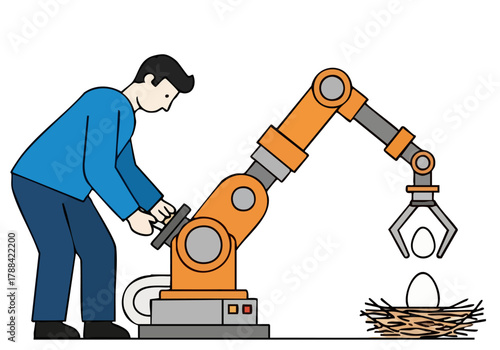 A man troubleshoots a robotic arm inspecting a bird's nest. Modern illustration style, clean lines, orange and blue tones. Focus on technology and nature interaction.