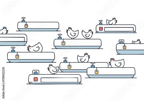 Modern illustration of connected chickens on smart farm trays Clean lines bright colors and stylized design evoke a technologically advanced agricultural concept