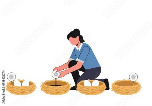 A female professional carefully sets up eggs in woven nests, symbolizing growth and planning. Clean, modern illustration style.
