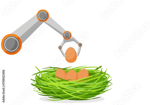A robotic arm delicately picks eggs from a nest. Illustrative, modern design. Smart Farm Life concept.