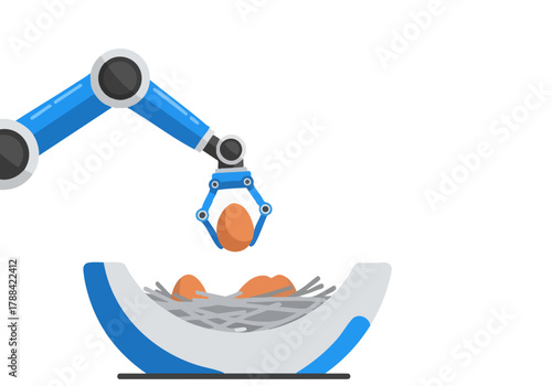 A robotic arm delicately picks an egg from a bird's nest. Clean, modern illustration with a blue and white color scheme. Suitable for tech, automation, and nature themes.