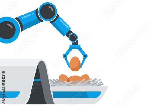 A robotic arm delicately picks eggs from a tray, showcasing automation and precision. Clean, modern design with a bright, tech-focused aesthetic.