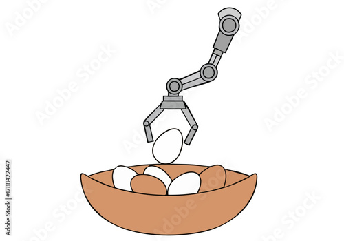 A robotic arm delicately picks eggs from a wooden bowl. Clean, modern illustration with a pastel background. Suitable for tech, food, and automation concepts.