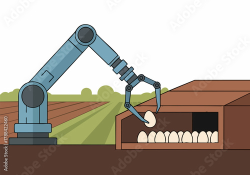 A robotic arm gently collects eggs from a chicken coop, showcasing 'Eco Egg Tech' automation. Clean, modern illustration with a rural backdrop.