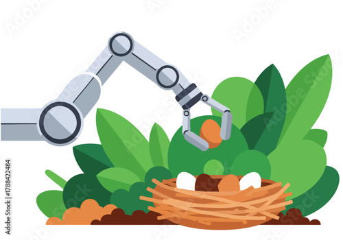 robotic arm gently gathers eggs from a nest amidst lush greenery -Sustainable Egg Tech- illustration showcases innovation