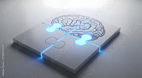 Fototapeta Naklejka Na Ścianę i Meble -  Conceptual 3D image of a human brain illustration divided across four white puzzle pieces with glowing blue edges, representing complex intelligence and problem solving.