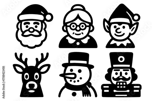 Bold Holiday Icons. Holiday Figures silhouette icon set: santa claus, mrs claus, elf, reindeer, snowman, nutcracker.