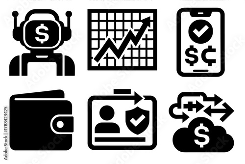 Brutalist Finance Icons. Automated Finance Systems silhouette icon set: AI money assistant, trading graph, budget tracker, financial algorithm, wallet icon, secure ID, transaction