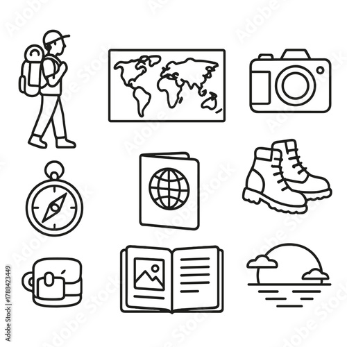 Travel Icons Montage. Solo Travel linear icon set: backpacker icon, world map, camera, hiking boots, compass, passport, travel journal, sunset view.
