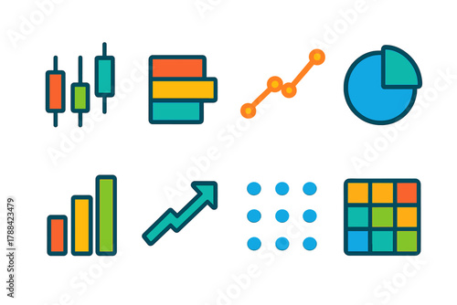 Minimal Chart Icons. Minimal Chart Symbols flat icons: candlestick chart, stacked bars, trend line, pie slice, column chart, growth arrow, dot plot, heat map.