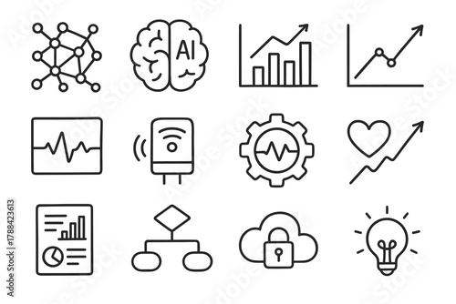 AI Health Icons. AI Health Dashboards outline icons: neural network, AI brain, data visualization, prediction chart, diagnostic graph, smart sensor, analytics gear, health trend,