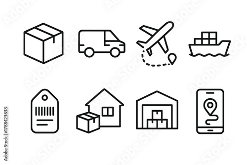 Shipping Icons Collection. Shipping Options linear icon set: package icon, courier van, airplane route, sea freight, shipping label, home delivery, logistics center, tracking app.