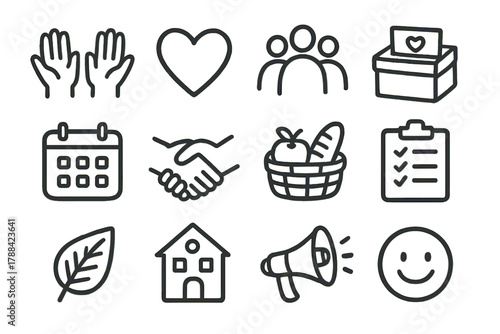 Volunteer Icons Doodle Set. Volunteer Work outline icons: helping hands, heart icon, group of people, donation box, calendar, handshake, food basket, clipboard, leaf, community