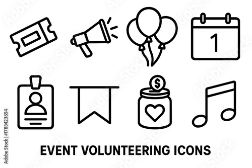 Event Icons Collection. Event Volunteering linear icon set: ticket pass, megaphone, balloon cluster, calendar date, name badge, banner flag, donation jar, music note.