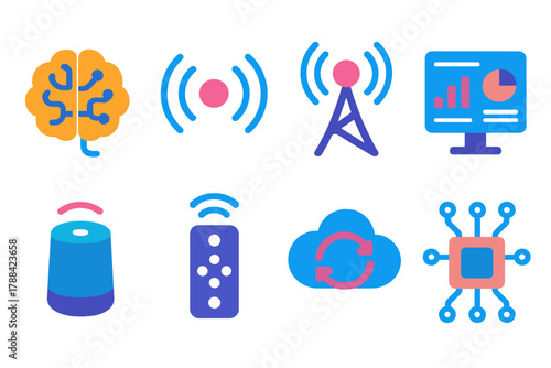 Automation Icon Set. Automation Center flat icons: AI brain, signal waves, hub tower, data dashboard, voice assistant, remote control, cloud sync, circuit board.