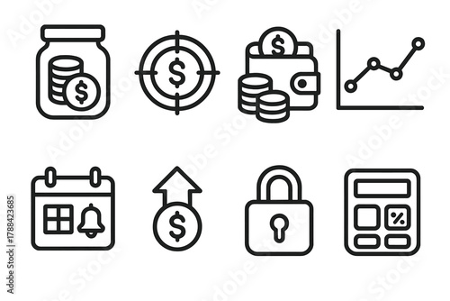 Savings Icons Collection. Savings Management linear icon set: coin jar, money goal icon, wallet with coins, savings chart, calendar reminder, deposit arrow, secure lock, interest