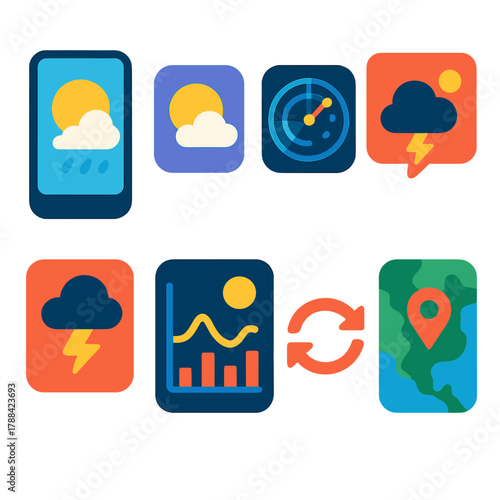 Colorful Weather App Icons. Mobile Forecasts flat icons: app interface, weather widget, radar screen, push notification, storm alert, hourly chart, refresh arrows, map view.