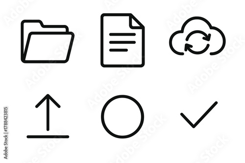 File Management Icons. File Management linear icon set: folder icon, document file, cloud sync, drag-and-drop arrow, progress circle, checkmark.
