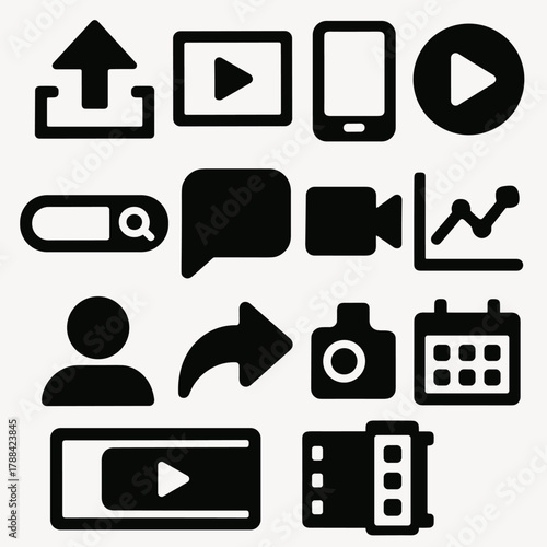 Bold Vector Icons. Content Platforms silhouette icon set: upload icon, video thumbnail, mobile app, play button, search bar, comment icon, video camera, analytics graph, profile