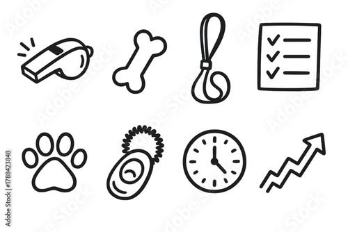 Training Tools Icons. Training Routine outline icons: whistle, reward treat, leash, checklist, paw print, clicker, clock, progress arrow.