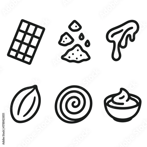 Sweet Savory Icons. Sweet & Savory linear icon set: chocolate bar, sea salt, caramel drizzle, nut icon, pastry, sauce bowl.