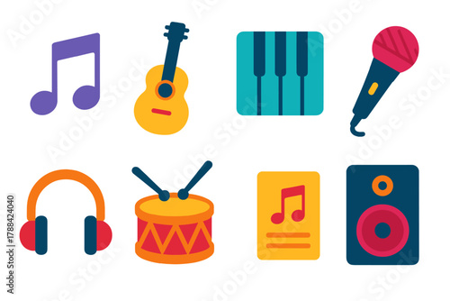 Modern Music Icons. Music flat icons: musical note, guitar, piano keys, microphone, headphones, drum, speaker, music sheet