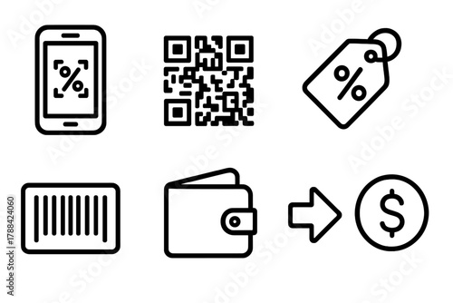 Coupon Icon Set. Online Coupon Icons linear icon set: smartphone, QR code, tag, discount ticket, barcode, wallet, arrow, coin.