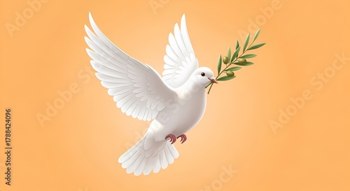 Dove in flight against a soft background carries an olive branch, symbolizing hope and peace.