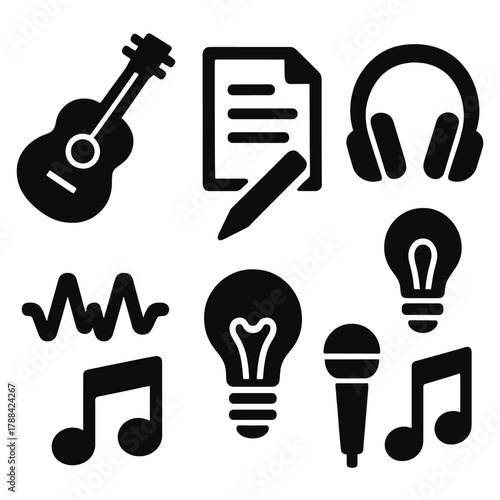 Bold Songwriting Icons. Songwriting silhouette icon set: guitar, paper, pen, headphones, waveform, light bulb, microphone, note.