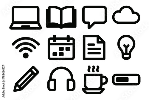 Brutalist Study Icons. Digital Self-Study silhouette icon set: laptop, open book, chat bubble, cloud, wifi symbol, calendar, document page, light bulb, pencil, headphones, coffee