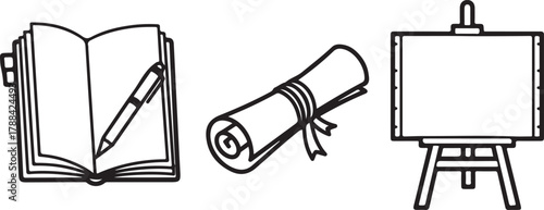 Open book with pen scroll diploma easel display writing