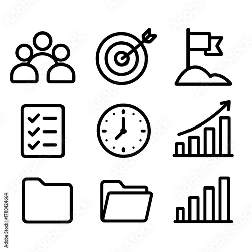 Teamwork Icon Set. Team Goal Set linear icon set: group, target, arrow, flag, chart, checklist, clock, folder.