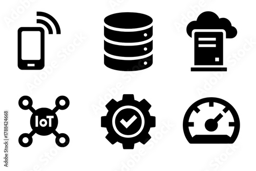 Bold Edge Computing Icons. Edge Computing silhouette icon set: edge device, data node, micro server, IoT hub, real-time processing icon, latency gauge.