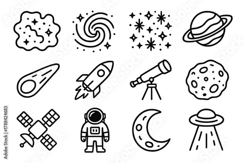 Interstellar Icon Collection. Interstellar Cloud linear icon set: nebula, galaxy, star cluster, planet, comet, rocket, telescope, asteroid, satellite, astronaut, moon, light beam.