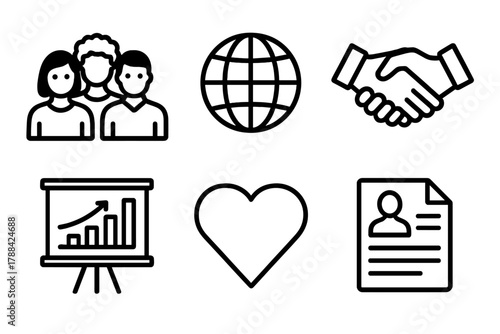 Icons of Diversity. Workplace diversity linear icon set: group of people, globe, handshake, chart board, heart, document.