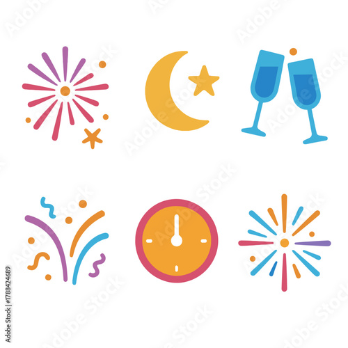 Vibrant Midnight Icons. Midnight Celebration flat icons: Fireworks, Moon, Star, Champagne Glass, Confetti, Clock.