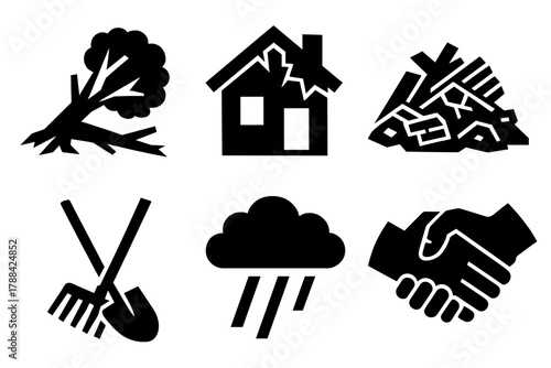 Tornado Aftermath Icons. Tornado Aftermath silhouette icon set: fallen trees, damaged house, debris pile, cleanup tools, cloudy sky, helping hands.